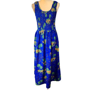 Rima Blue Green Midi Palm Trees Hibiscus Hawaiian Sleeveless Tank Dress One Size